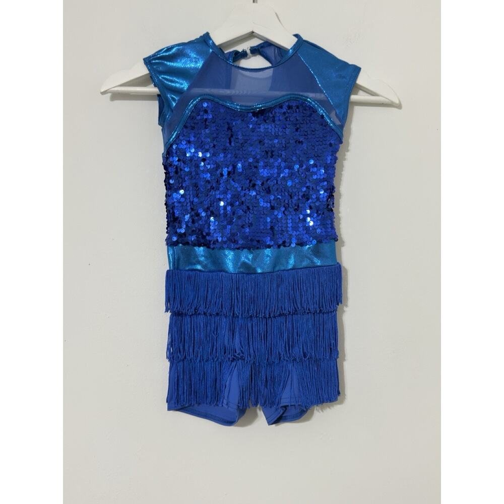 Weissman Child IC 7/8 Blue Jazz Dance Costume Sequins And Fringe